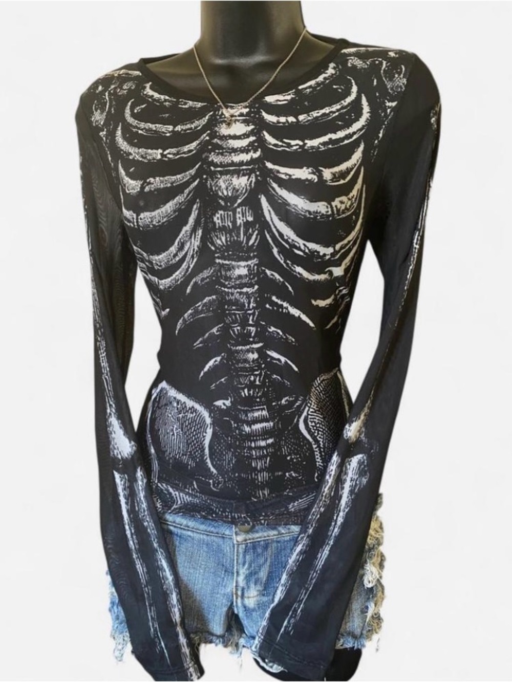 Dolls Kill Black & White Mesh Skeleton Longsleeve Top with Thumb Holes